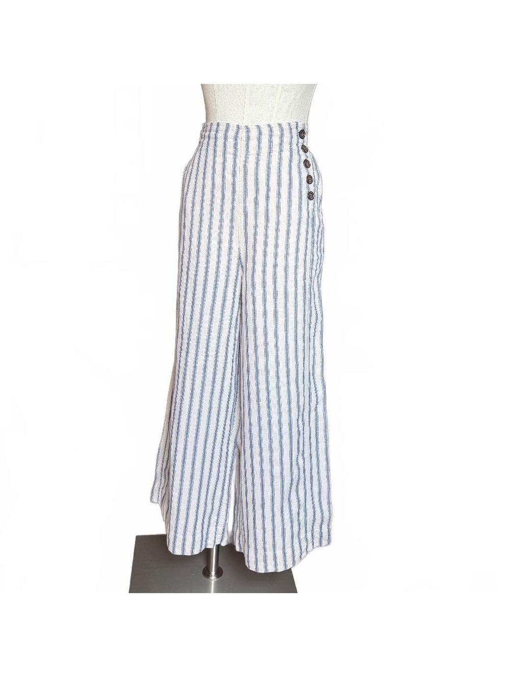 Striped Wide-Leg Linen Pants with Button Detail